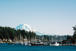 Abstracts. Photo of Mt.Rainier and boats.