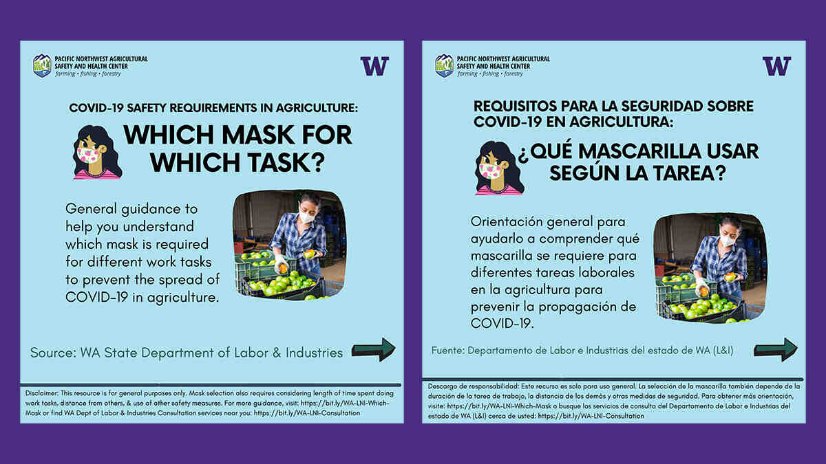 English and Spanish versions of a social media post titled "Which Mask for Which Task?"