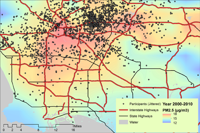 A map of L.A., California, shows a great deal of variation exists within the city for residential exposures to PM2.5. MESA Air researchers integrated multiple data sources into a computational model to calculate individual residential exposure to pollutants. These sources included: land use, roadway and traffic volumes, weather conditions, local and state agency air pollution measurements, and MESA-Air-deployed monitors.