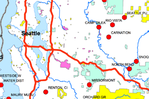 Map of drinking water sources near federal and state lands around Seattle.