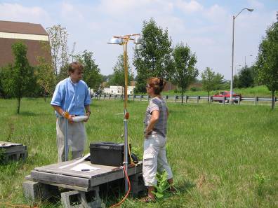 Two field researchers with an outdoor setup