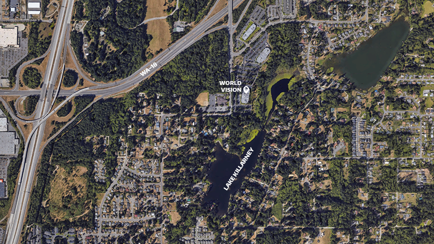Google satelitte screenshot of Lake Killarney with World Vision's headquarters labelled.