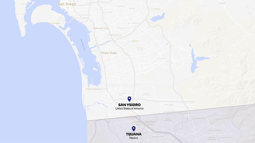 Google map screenshot highlighting San Ysidro in the United States and Tijuana in Mexico on the map.
