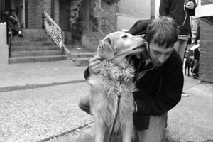 Homeless man with his pet dog. Man with dog