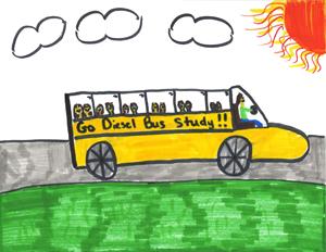 “Go Diesel Bus Study!,” artwork by Holly, age 11. Drawing of a school bus