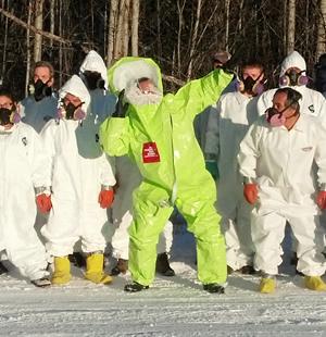 Participants from Alaska in a 40-hour HAZWOPER suit-up and decon exercise that took place in -1°F. Participants in a HAZWOPER training in haz-mat suits