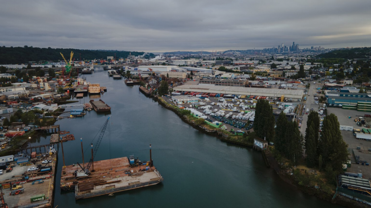 A view of the Duwamish River looking straightened and developed for industry. 