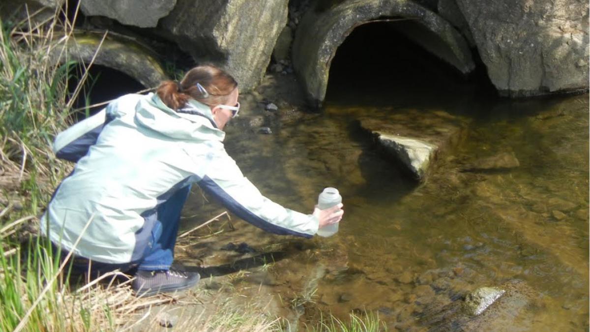 Woman collecting water sample from stream