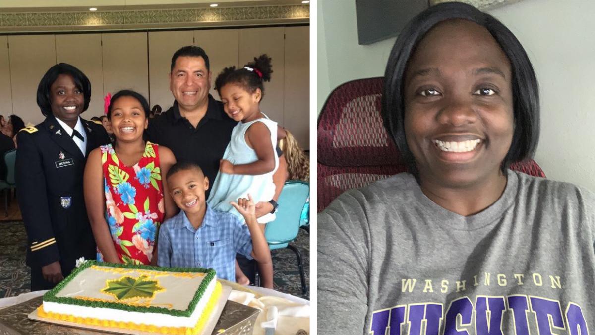 Two-photo collage. Left-hand photo shows Joanne Medina in Army uniform with her husband and their three children standing in front of a cake. Right-hand photo shows Medina seated in a University of Washington t-shirt.