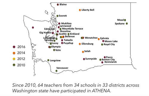 Map of WA with schools reached by ATHENA 