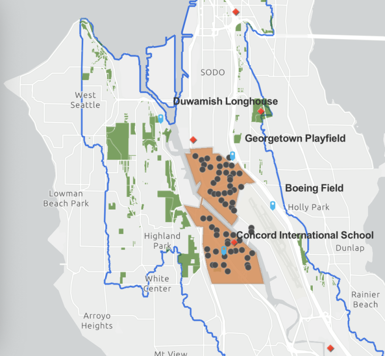 map of metal pollution hotspots in Duwamish Valley