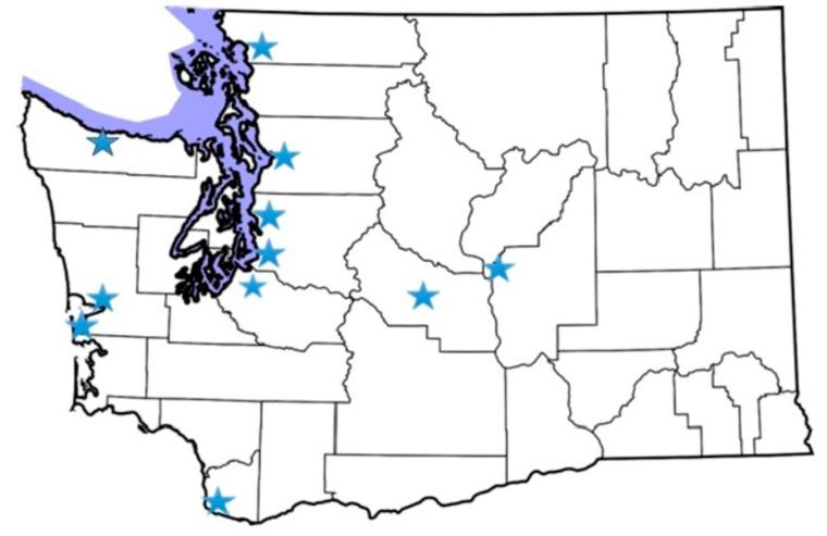 Map of WA State with stars indicating locations of health disparities listening sessions