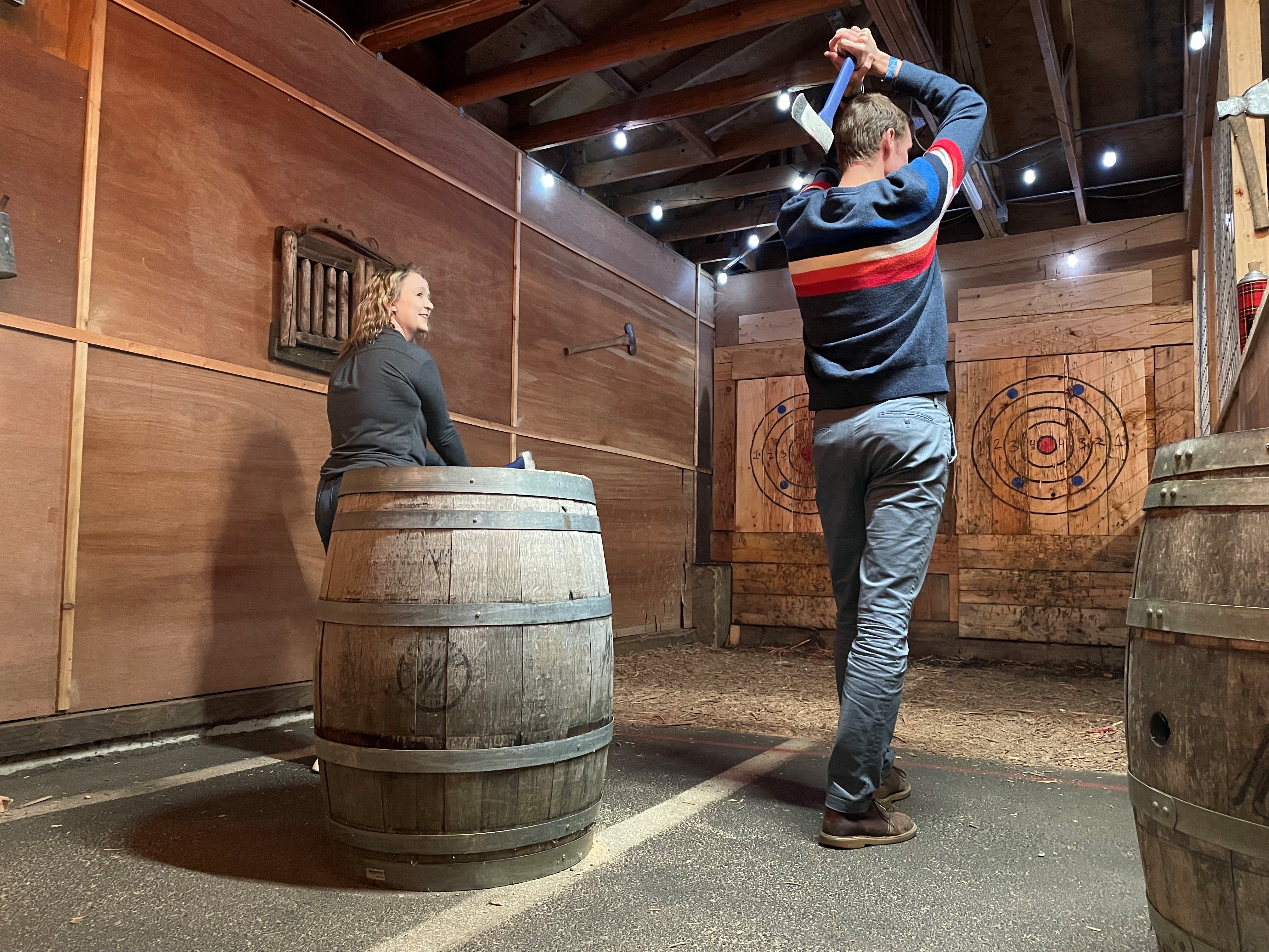 Students and Faculty trying axe throwing