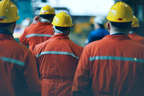 Image of workers wearing hard hats in a factory setting