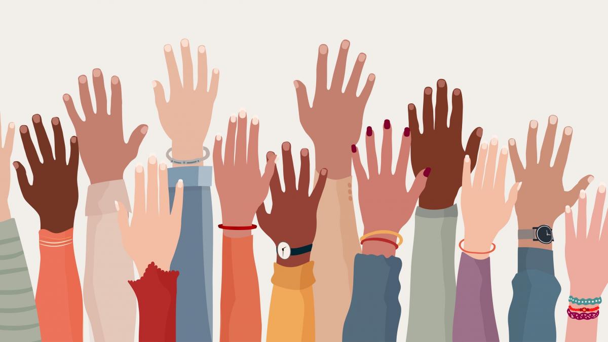 Diverse raised hands