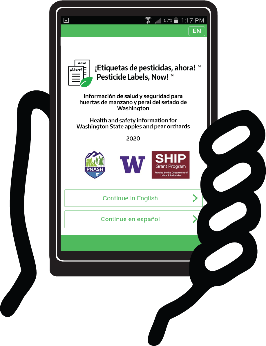 Hand icon holding mobile phone with pesticide safety app installed