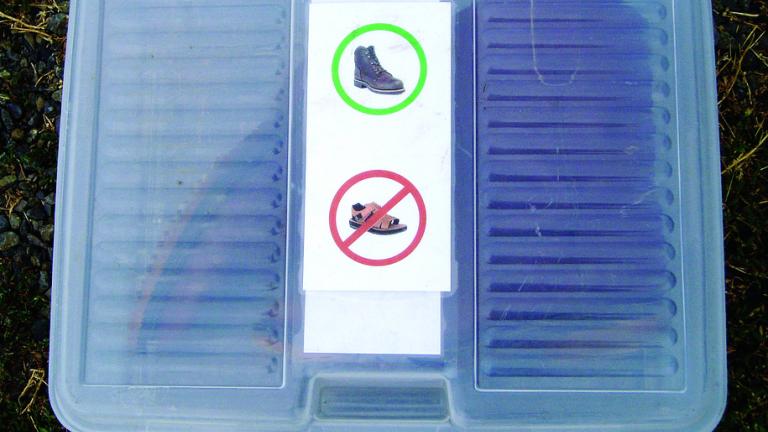Caja plástico on botas de trabajo adentro