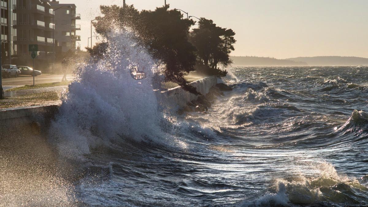 A large ocean wave hits a seawall with apartment buildings behind it.