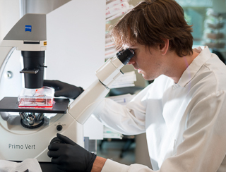 man working on microscope