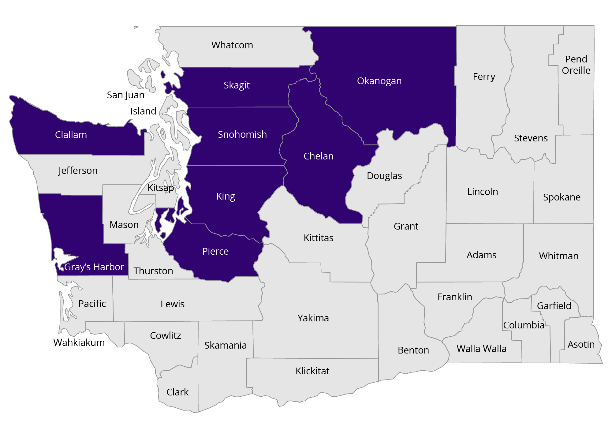 The UW Center for Exposures, Diseases, Genomics, and Environment and the UW Superfund Research Program work in the following Washington counties: Chelan, Clallam, Grays Harbor, King, Okanogan, Pierce, Skagit, and Snohomish.