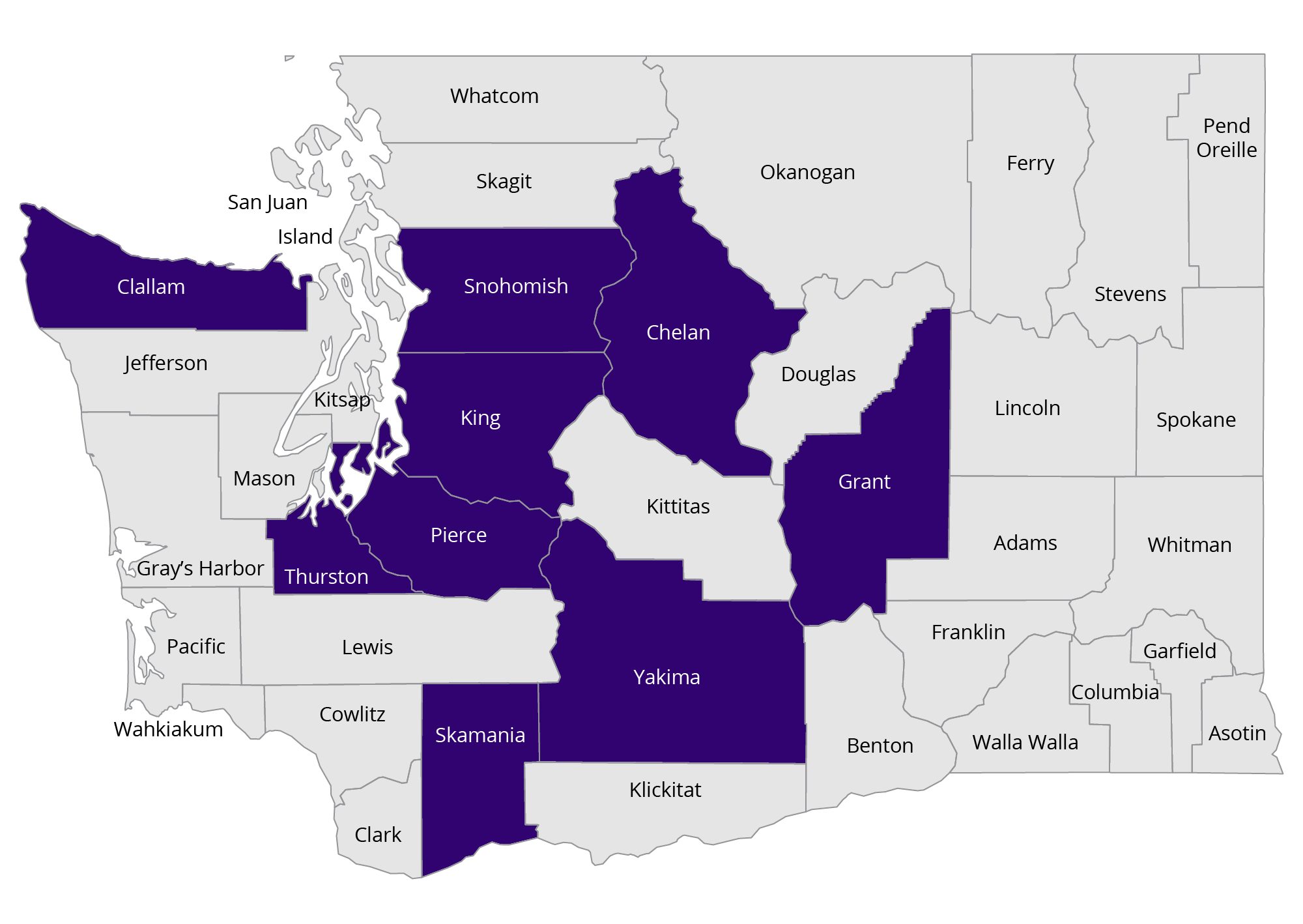 The Northwest Center for Occupational Health and Safety works in the following Washington counties: Chelan, Clallam, Grant, King, Pierce, Skamania, Snohomish, Thurston, and Yakima.