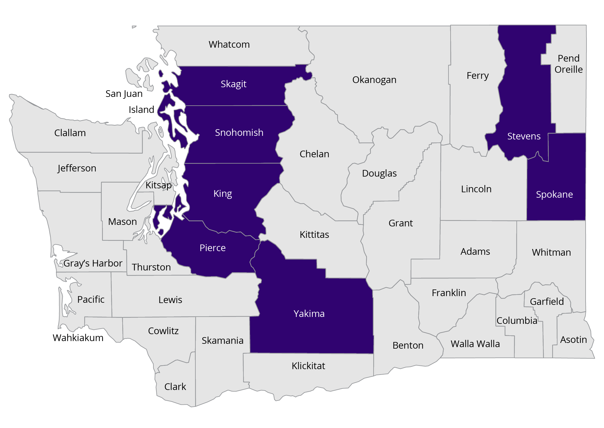 The Pediatric Environmental Health Specialty Unit works in the following Washington counties: Island, King, Pierce, Skagit, Snohomish, Spokane, Stevens, and Yakima.