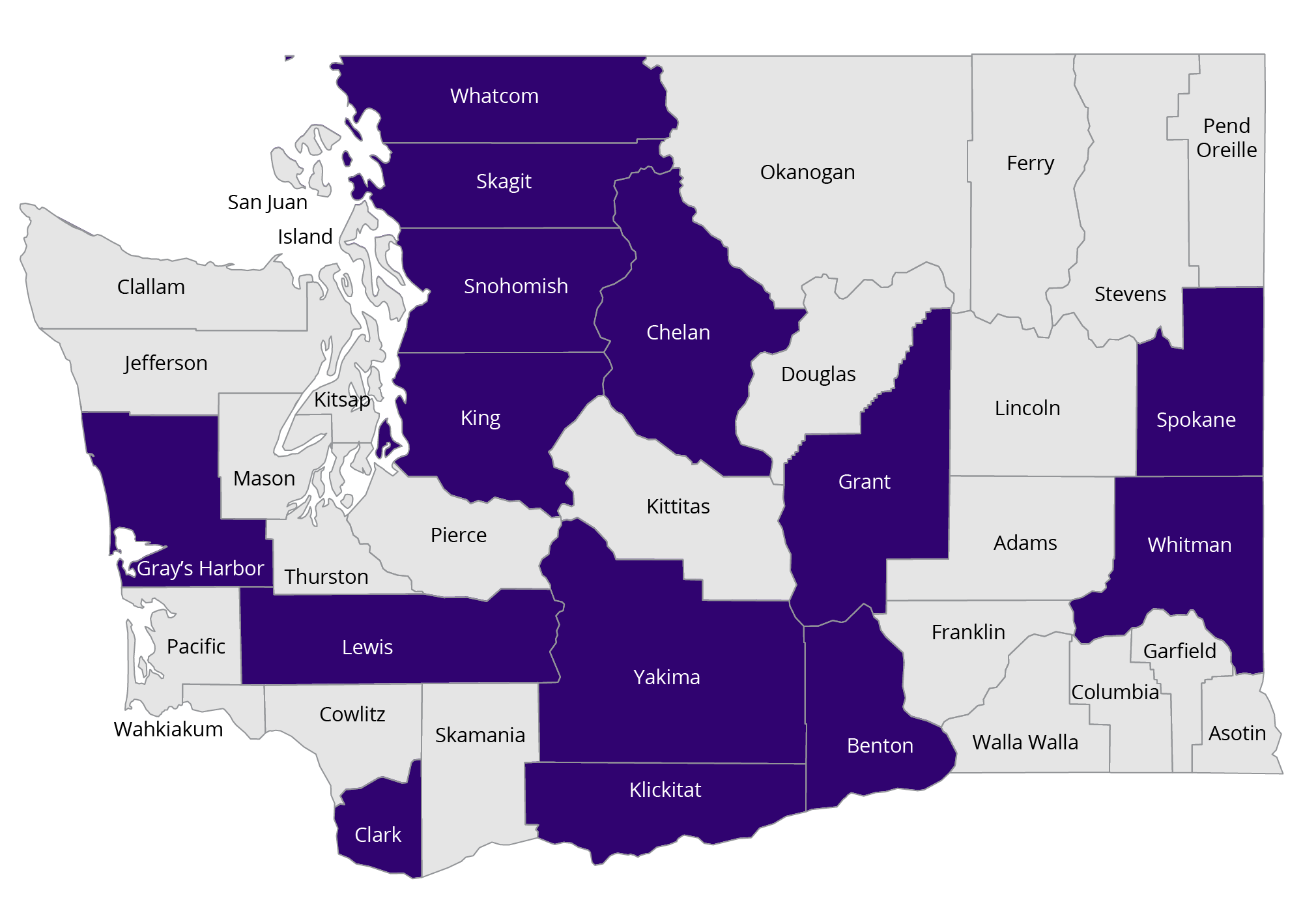 The Pacific Northwest Agricultural Safety and Health Center works in the following Washington counties: Benton, Chelan, Clark, Grant, Grays Harbor, King, Klickitat, Lewis, Skagit, Snohomish, Spokane, Whatcom, Whitman, and Yakima.