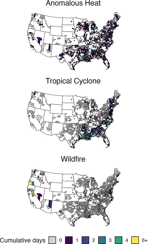 Three maps of the United States showing trends in power outages caused by three different weather events: 1. Anomalous heat, 2. Tropical cyclone, 3. Wildfire. A color-coded key for the maps shows cumulative days ranging from 0 to 6+. The color trends on the maps show: Anomalous heat with highest cumulative days along the east coast and in states bordering the Gulf of Mexico. Tropical cyclone with a similar pattern to anomalous heat. Wildfire with highest cumulative days on the west coast and southwest states.