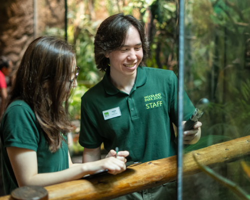 Casey Olmstead and Asher Maier stand in front of greenery at a zoo exhibit, with Maier holding a thermometer.