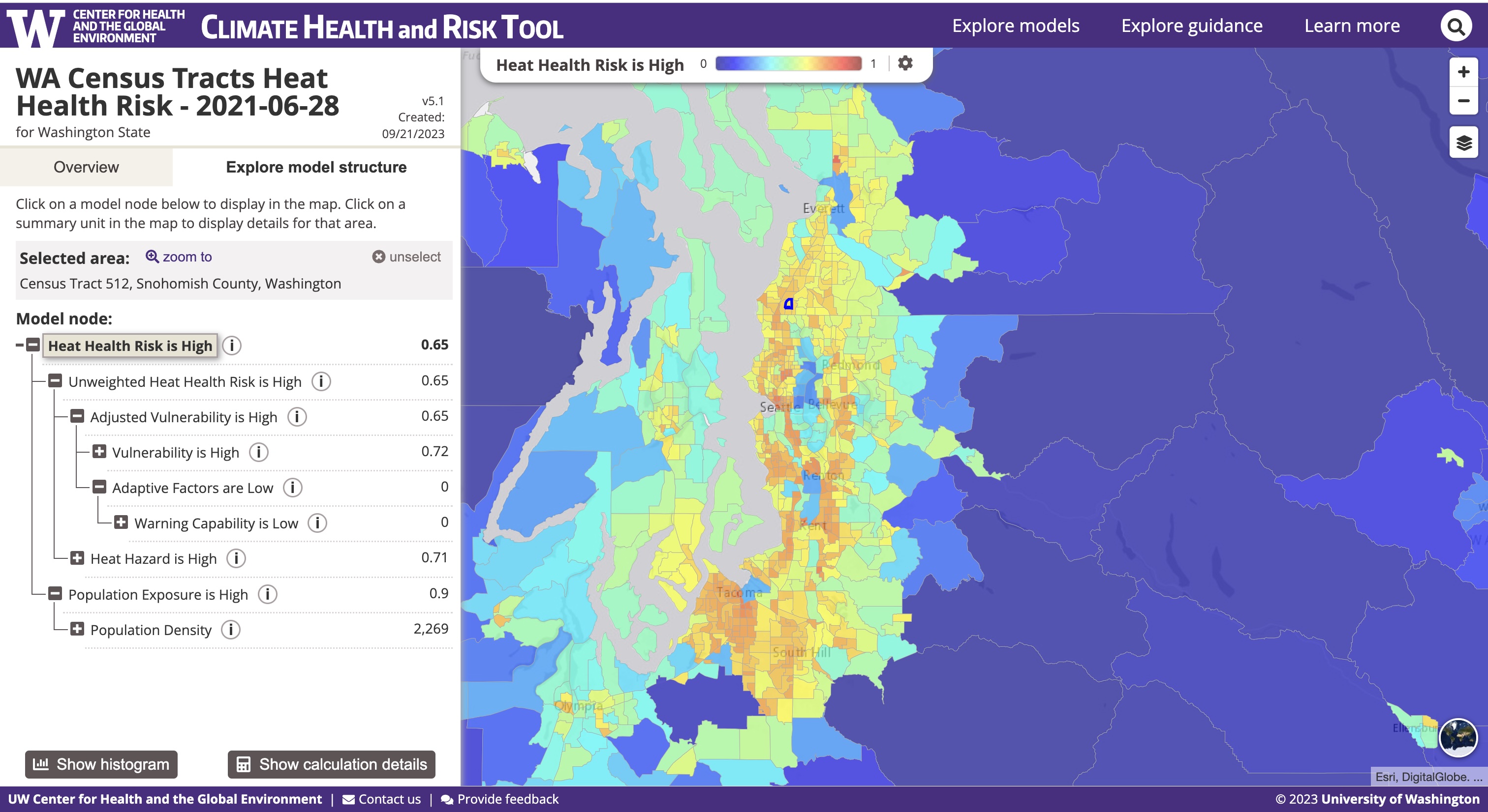 A screen shot of the CHART model interface. A map of western Washington, color coded to show the Heat Health Risk. In the example shown, most of the state is dark purple except for the Puget Sound basin, as the date that is displayed is June 28, 2021, one of the days of the heat dome event. On the left side of the screen are several areas for the user to input data. The Puget Sound basin shows very small areas that are aqua, yellow, and varying shades of orange to indicate many areas that were under high heat risk. The variables on the left include vulnerabilities, adaptive factors, population exposure and population density. Map controls include layers, zoom functions, calculation details, the option to show the histogram and version history.