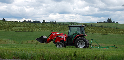 A tractor operator drives through a green field