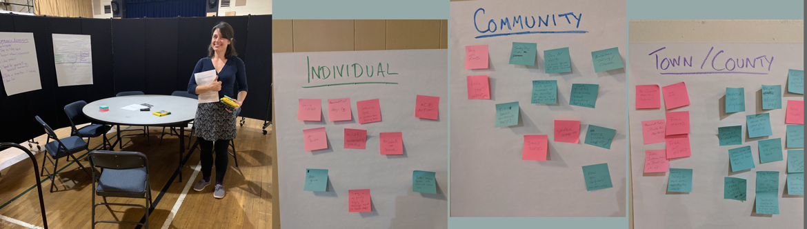 Humphreys standing next to a table and chairs (on left), post-it notes from a focus group labeled "Individual," "Community," and "Town/County"