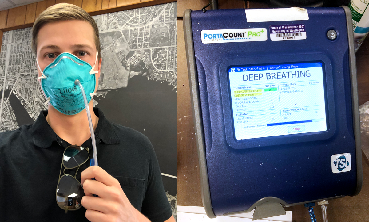 On left, man wearing an N95 mask with a plastic tube coming out of it for testing; on right, mask testing machine showing text DEEP BREATHING on screen."