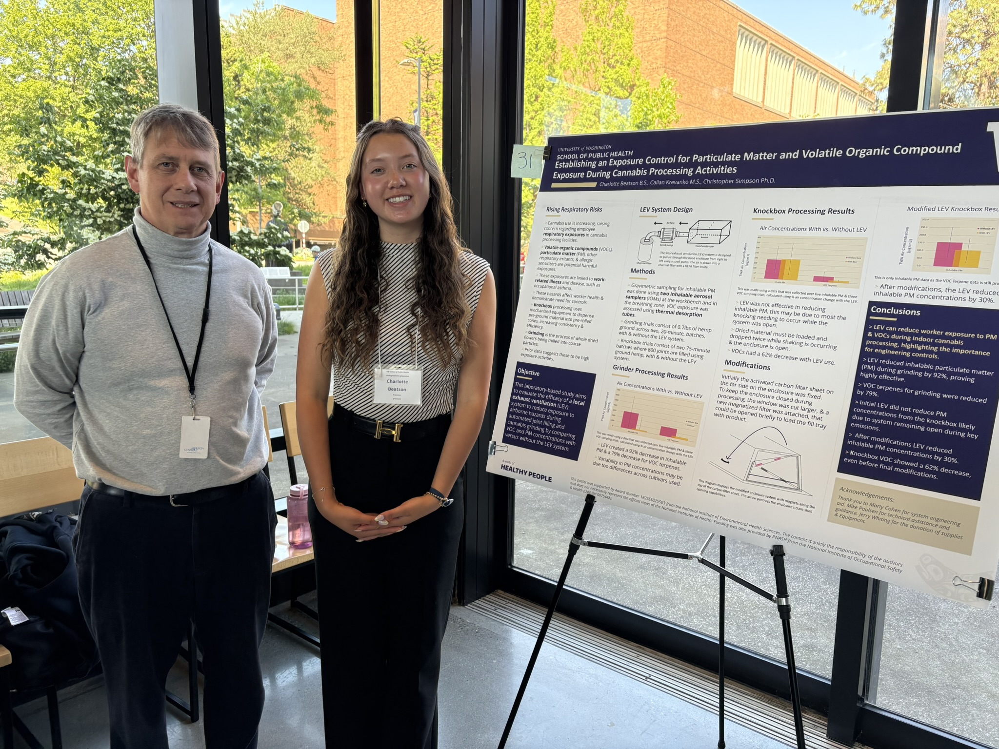 Two people stand smiling to one side of a research poster.