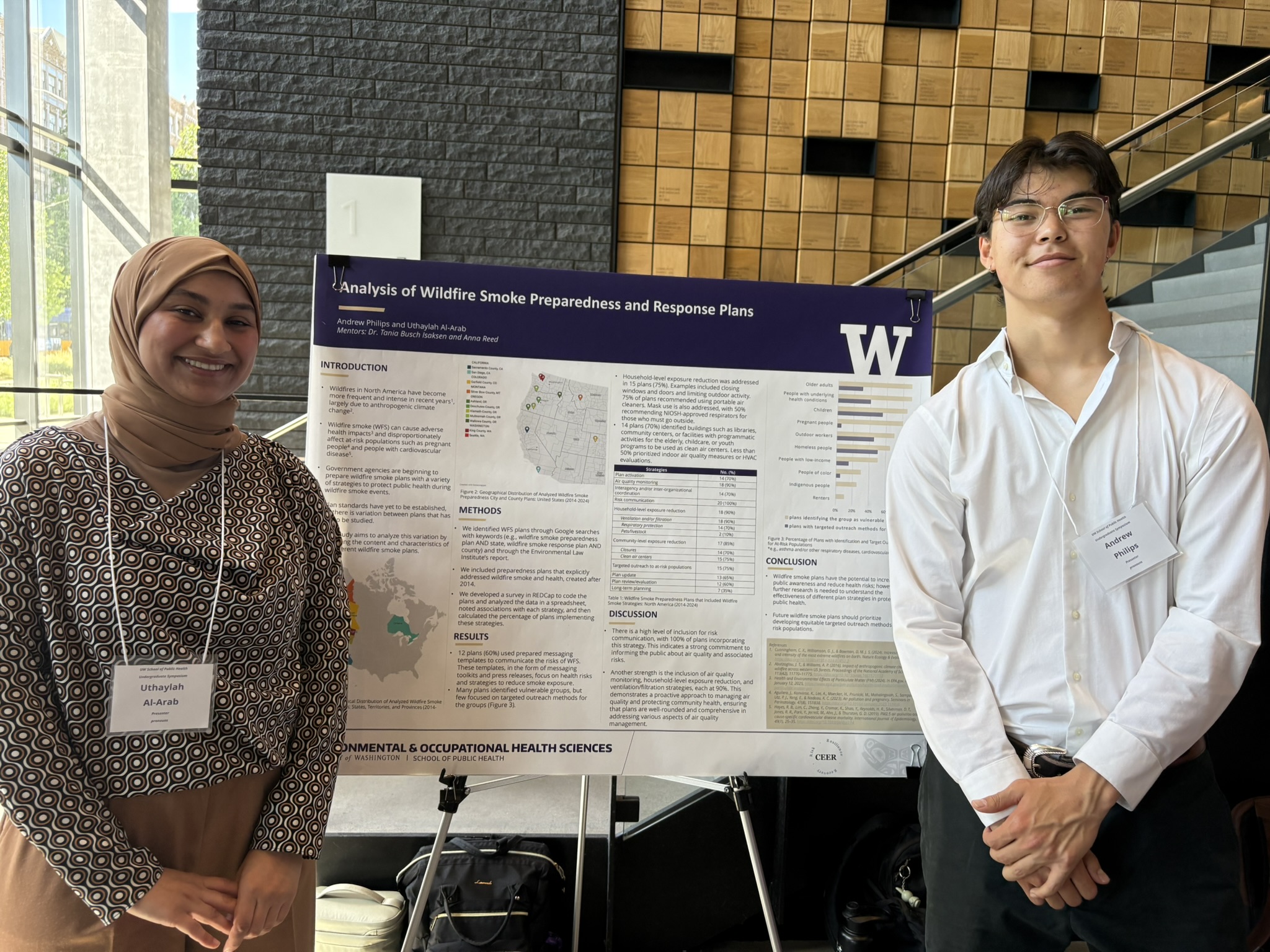 Two people smile standing on either side of a research poster.