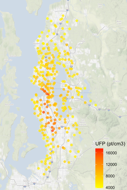 Map of ultrafine particle (UFP) annual average measurements at stop locations