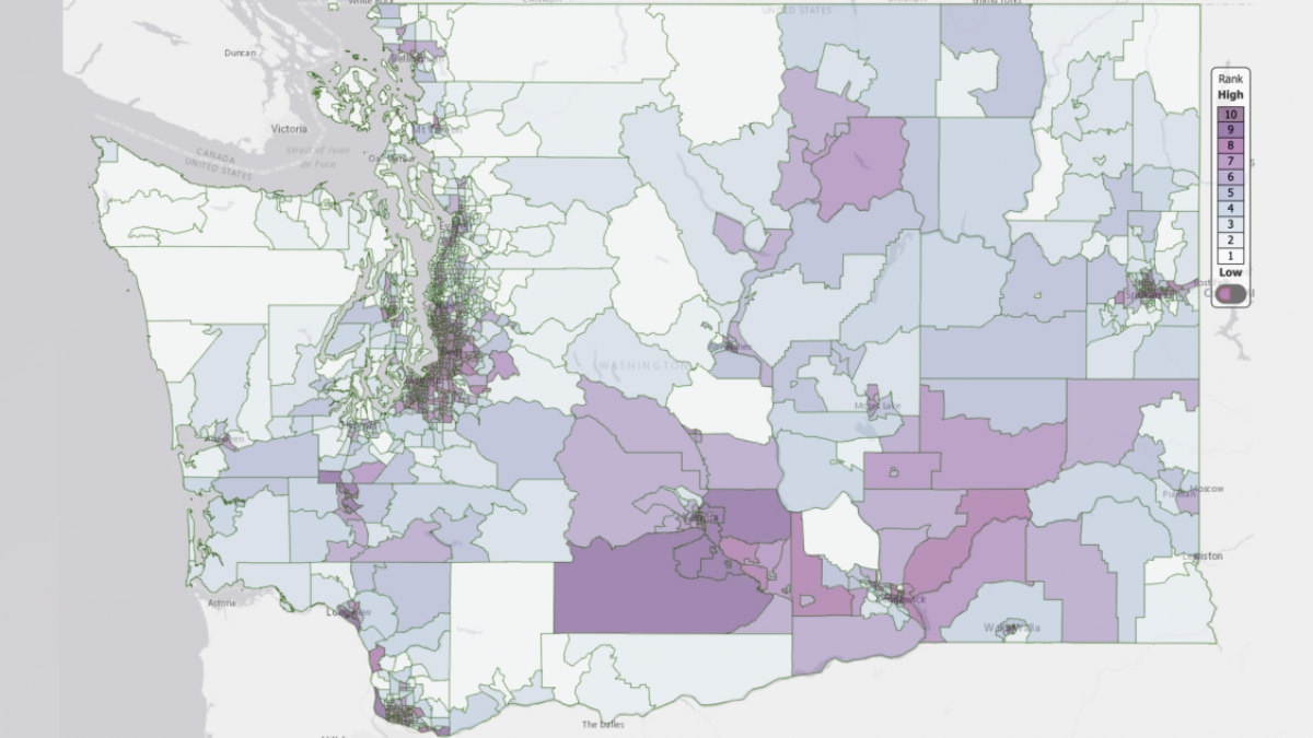 A screenshot of Washington’s Environmental Health Disparities Map when filtered for environmental health disparities.