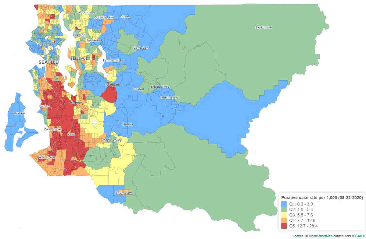 Map of positive COVID-19 cases per 1,000 people in King County, with the highest numbers of cases clustered in South King County.