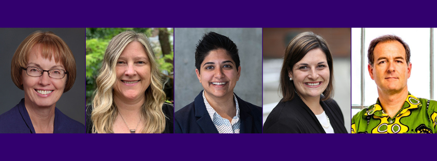 Five head shots in a horizontal gallery with a purple background. From left to right: Kris Ebi, Tania Busch Isaksen, Resham Patel, Nicole Errett and Kenny Sherr