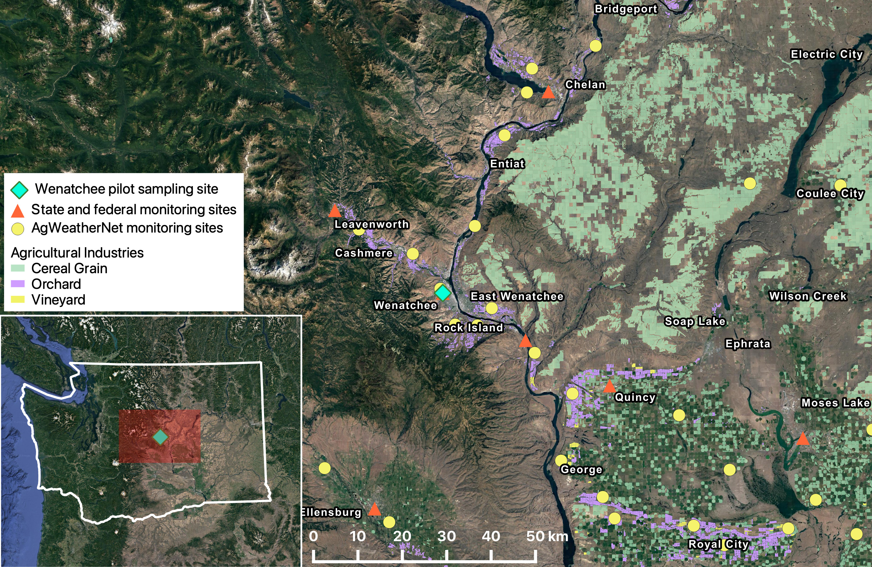 A map showing Central Washington and the location of a Wenatchee, WA, weather station where two wildfire smoke sensors were tested. Also shown are a network of other nearby weather stations and an inset map of Washington showing the location in Central Washington.