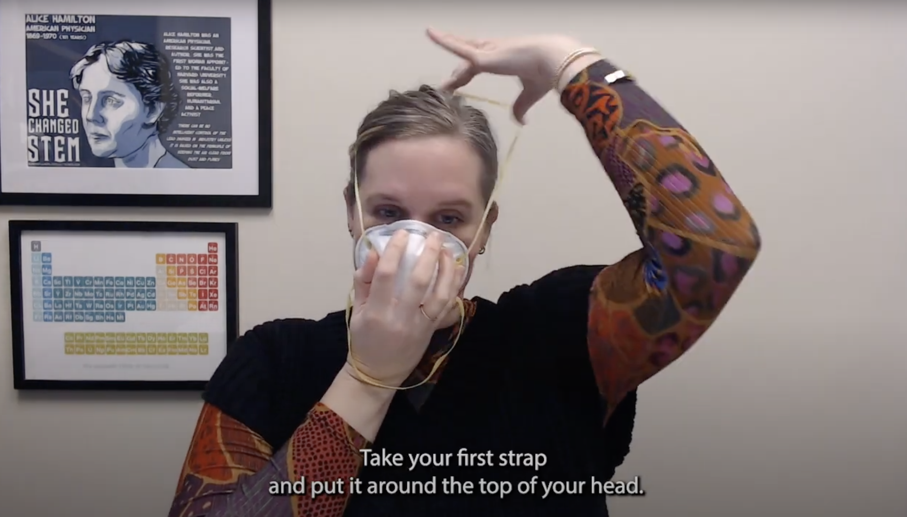 Screen shot from video of Marissa Baker putting on an N95 mask
