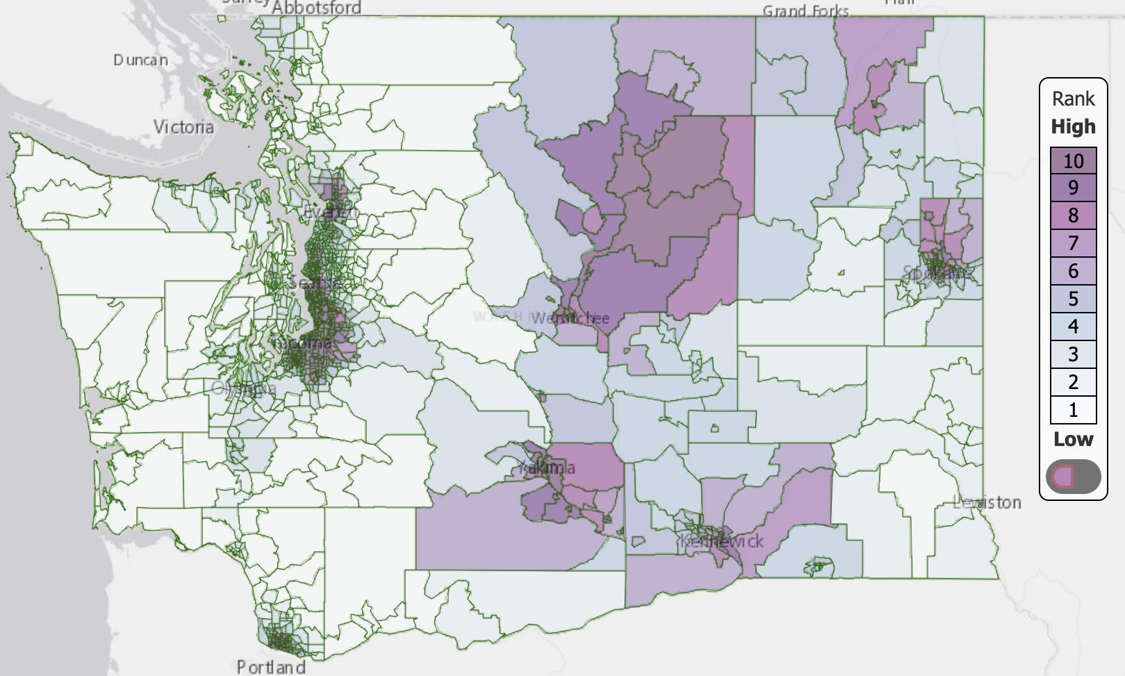 Map of percentage of people of color across Washington state showing the highest percentage in the corridor including Everett, Seattle and Tacoma, as well as the areas surrounding Wenatchee, Yakima, Kennewick, Spokane and the Okanogan Valley.