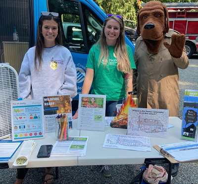Sophie stands with another person and a dog mascot at a table with information about wildfire smoke health risks.