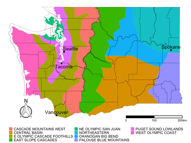 This map of Washington state shows how researchers broke down Washington into regions to evaluate the effect of heat on excess deaths from 2017-2022. There are 10 color coded regions.