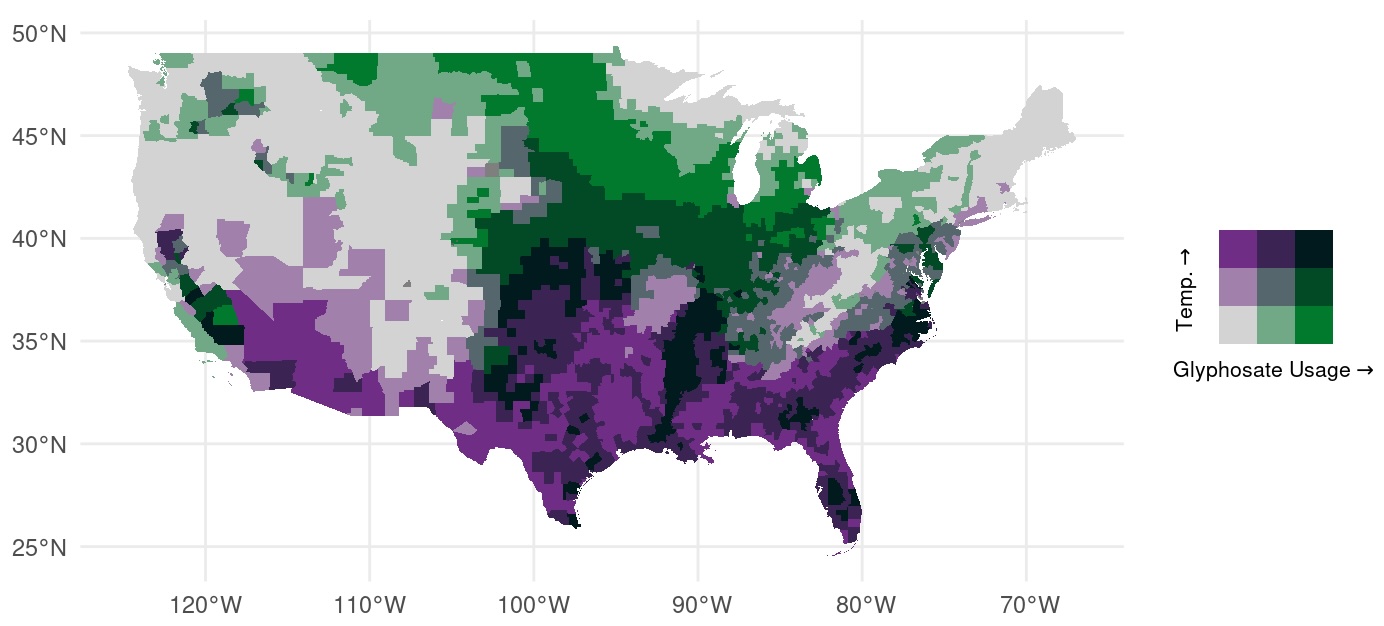 Map of the United States showing co-exposures of heat and glyphosate during spray season. Purple represents heat, and green represents glyphosate usage. The dark grey and black colors represent areas of higher co-exposure, with black being the highest co-exposure. The map shows areas of black and purple focused in the southern U.S., southwest and some parts of central Washington state. Green sections are mainly in the midwest of the U.S. Grey sections are in the mountain west and northeast.