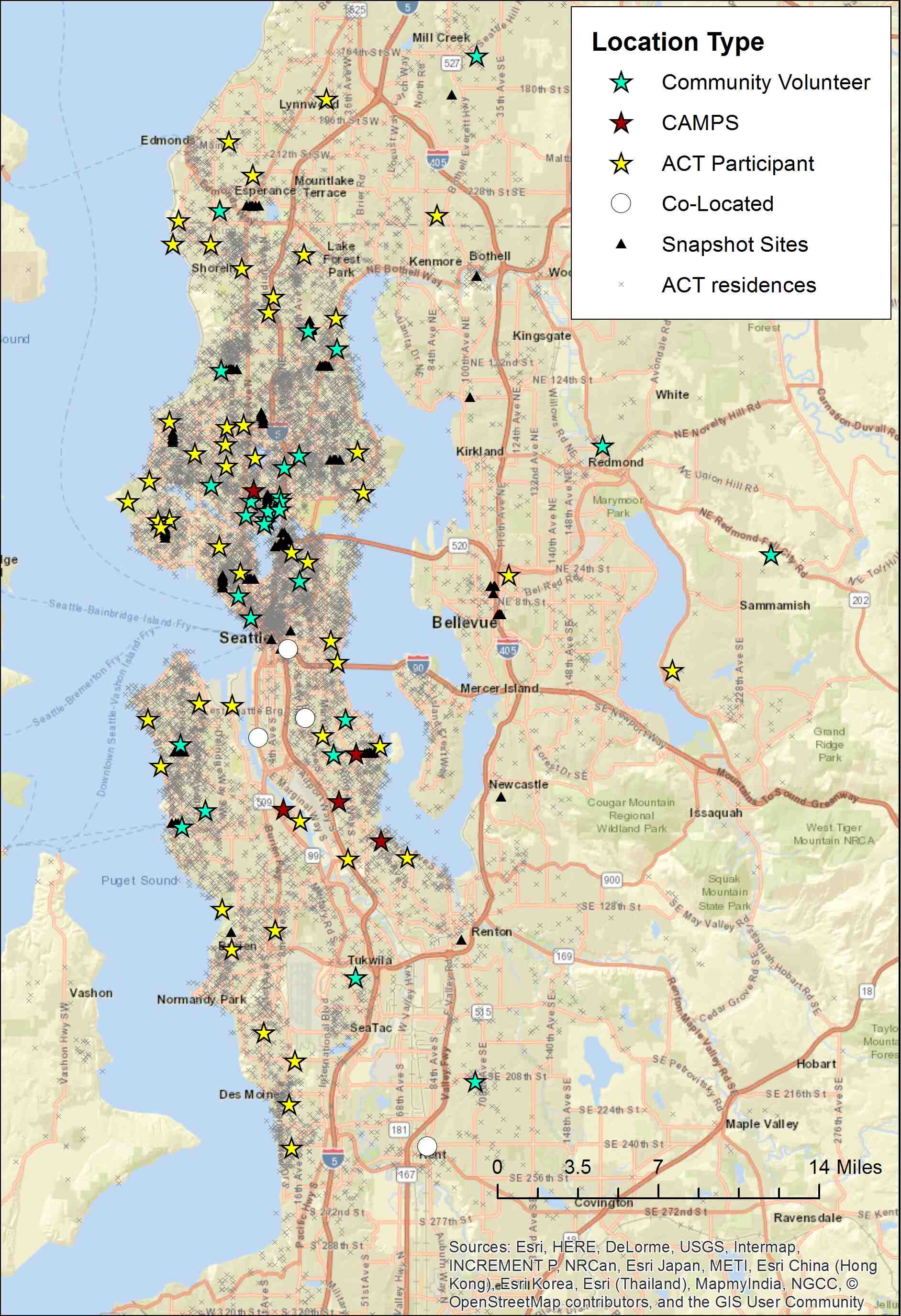 A map of the Puget Sound region with stars on the map denoting locations where there are low cost air monitors installed. 