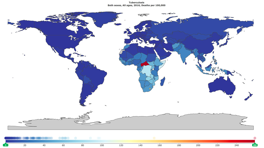 Map showing global TB deaths in 2016 per 100,000.  The map shows that most countries have close to zero deaths from TB. However in Southern and Southeast Asia, and in Africa, the numbers go up into the 40-50s, or 100s. In the Central African Republic, which has the highest death rates in the world, that number is 260 per 100,000 deaths.