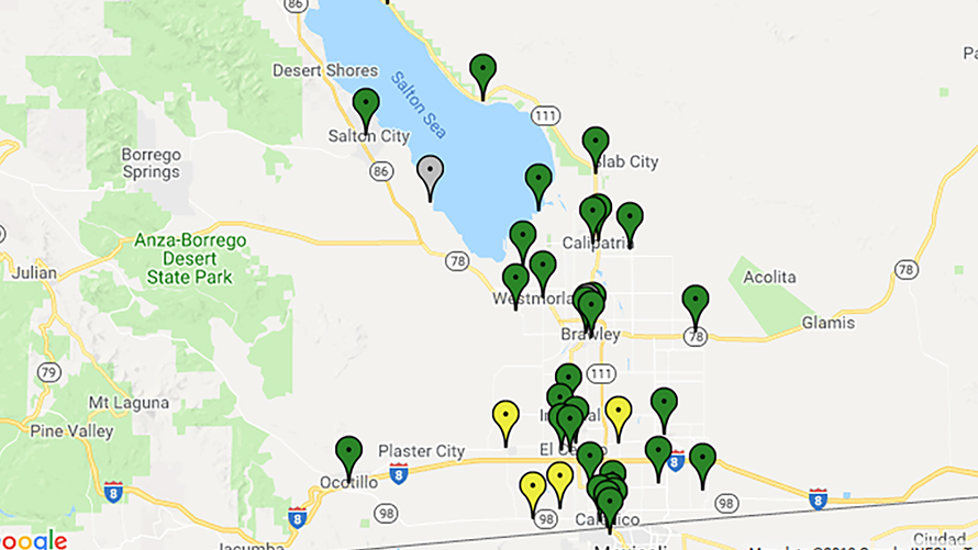 Screenshot of the interactive, online mapping tool that displays where air monitors were placed in the community. Link to the interactive tool itself in the text below.