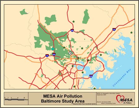 Baltimore map showing participant locations and PM 2.5 monitor sites