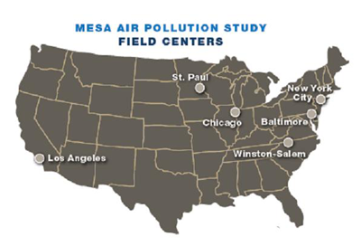MESA Air Pollution Studies Field Centers Map.
